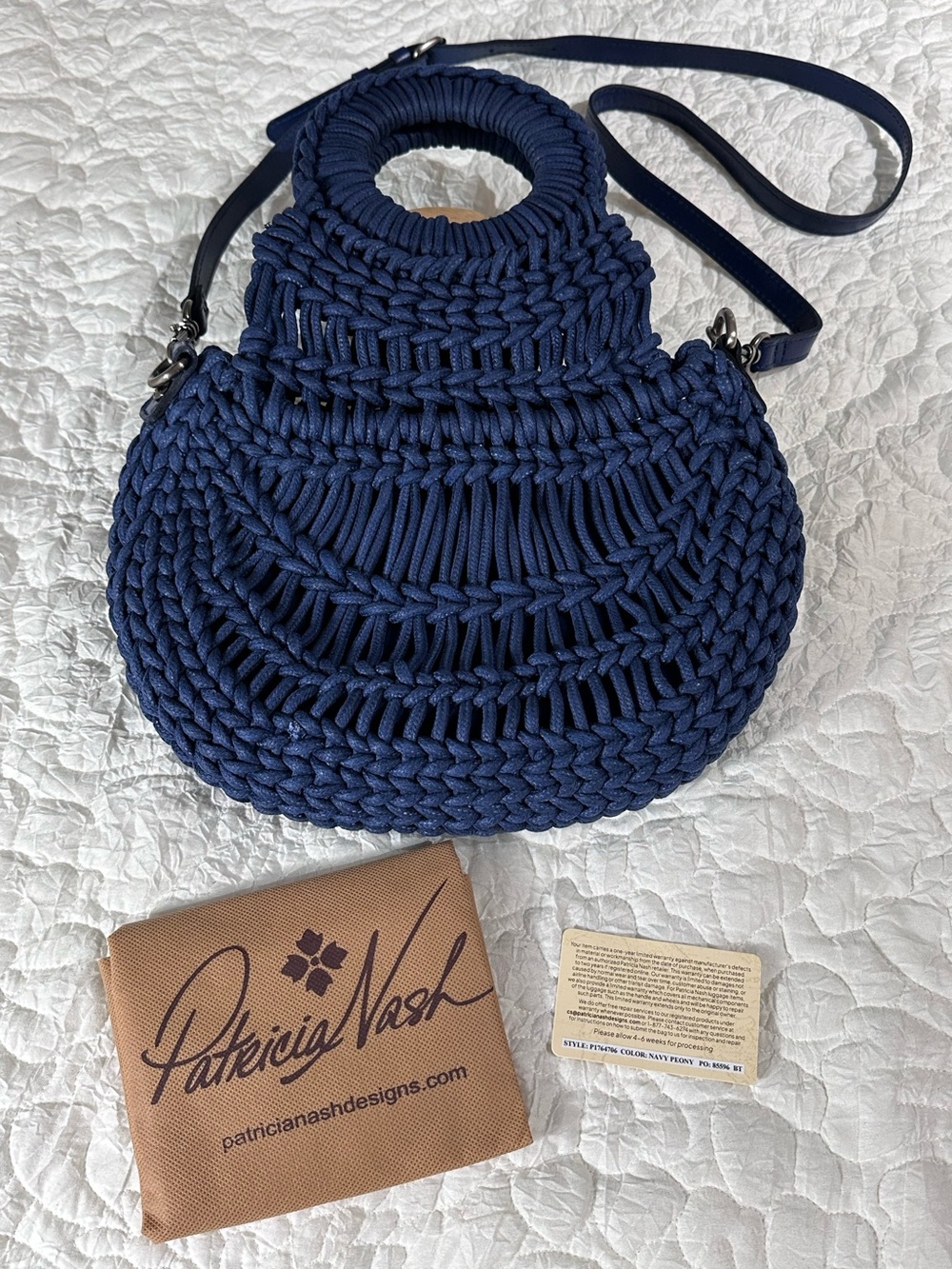 Patricia Nash Ticci Handwoven Knotted Fold Over Crossbody Handbag Navy Peony New